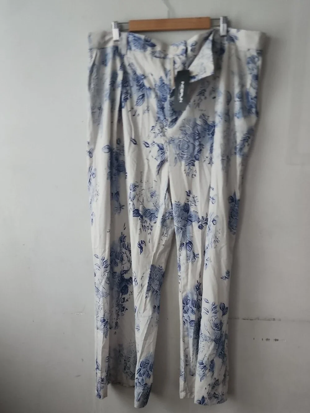 Men's White Floral Dress Pants with Blue Print